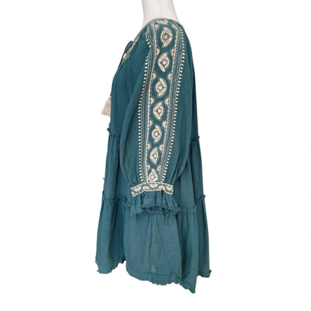 Free People Embroidered Boho Peasant Tunic Top Teal Blue Women’s Medium - Picture 7 of 16